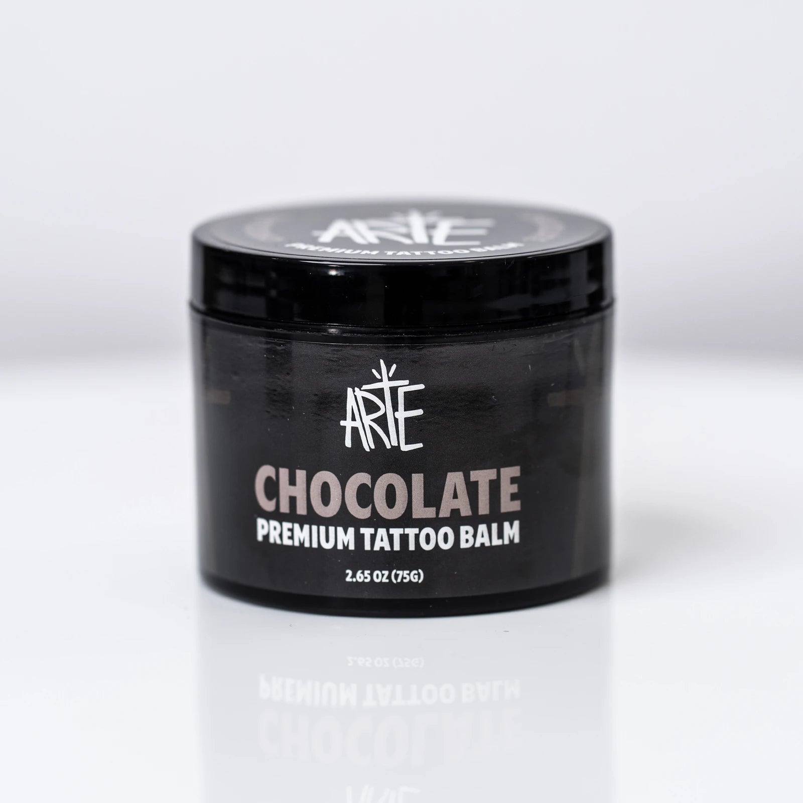 Arte Chocolate Premium Tattoo Balm, front of the 2.65 oz / 75 g jar